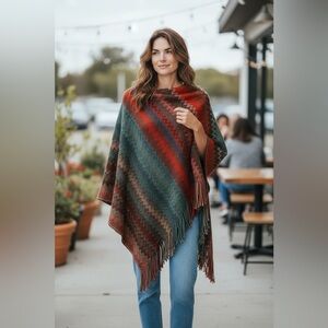 Woven Heart Boho Fall Colors Rust Knit Poncho M/L Women Fringe Poncho Western